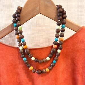 Vintage Boho Chic Wooden Beaded Multicolor Double Necklace Statement Necklace